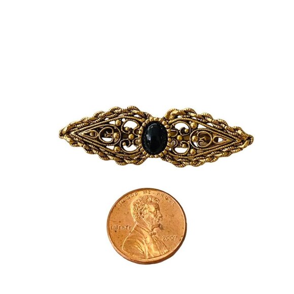 Vintage Victorian Style Brooch Goldtone Black Pin Filigreee Intricate 2" Length - Picture 16 of 16